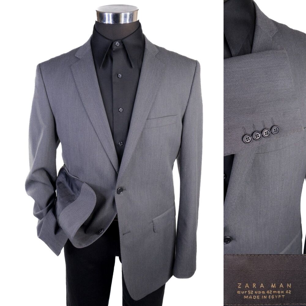 Zara Blazer Mens Sz 42R Gray 2-Button Sport Coat Jacket Blazer Poly Blend
